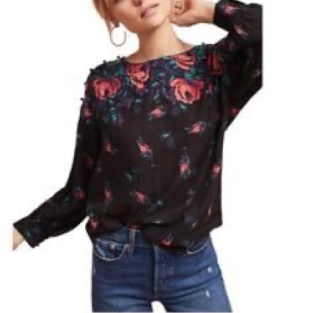 Anthropology Maeve Floral Black Top; size M